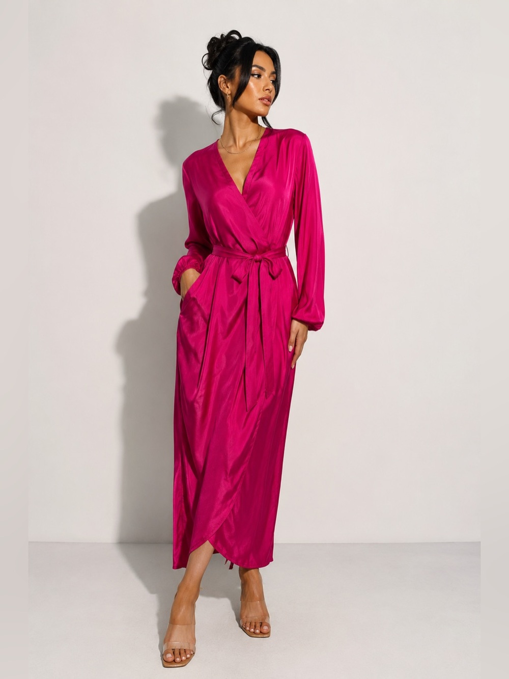Fuchsia Satin Wrap Maxi Dress with Self-Tie Waist